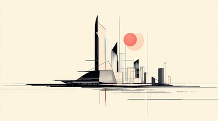Poster - This artwork features a sleek futuristic city skyline composed of geometric shapes and clean lines under a warm sun. Generative AI