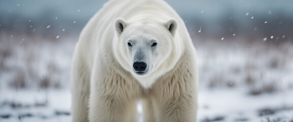 panoramic view of polar bear stand in wild in winter with snow ice
