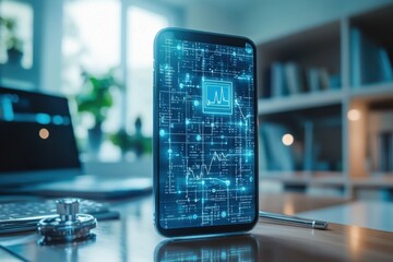 Poster - A smartphone displays health data analytics in a modern office setting during daylight