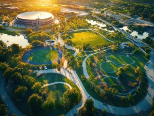 Aerial view of a stadium surrounded by bike paths, walking trails, and public parks, emphasizing outdoor recreation