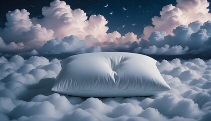 a soft white pillow placed on clouds in the sky, concept of sleeping deeply