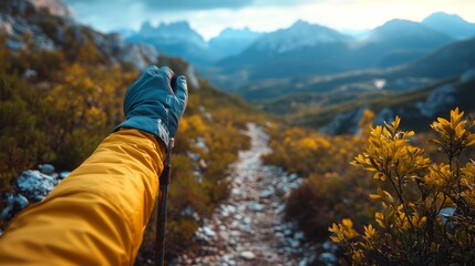 Poster - A hiker stretches an arm towards the breathtaking landscape while trekking along a stony path lined with colorful autumn plants, revealing distant mountains.