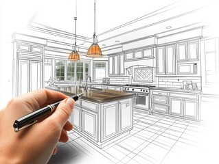 Poster - Hand-holding pen drawing of a modern kitchen interior design with an island and cabinets, highly detailed, on a white background