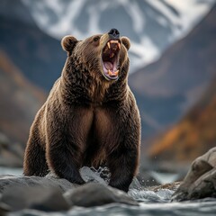 a bear is standing in the water with its mouth open, ready to attack. the scene is intense and drama