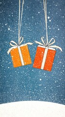   Two orange & white gift boxes dangle from strings under snowfall against a blue sky