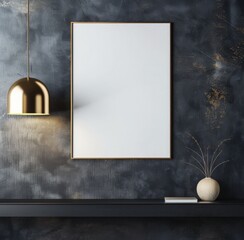 A black wall with a blank poster in a black frame and a gold pendant lamp. A vase with branches sits on a black table underneath