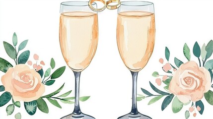   A painting of two champagne glasses, adorned with a wedding ring, amidst blooms and lush foliage