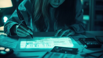 A woman working late at night,  reviewing financial documents and paperwork, calculating expenses, budgeting, planning finances.