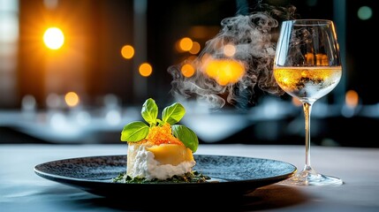 Poster -   A glass of wine sits beside a platter of food and atop a table