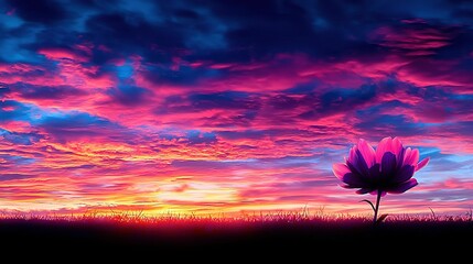 Wall Mural - large pink flower in a field under blue-purple sky with a setting sun in the background