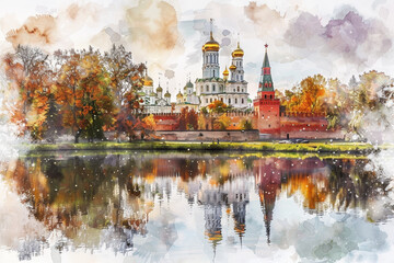 Wall Mural - A painting of a city with a church and a castle in the background