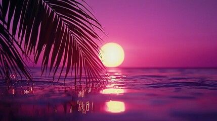 Wall Mural - sunset over the ocean, palm tree in foreground, pink sky in background