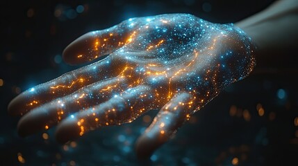 Poster - Futuristic Hand with Glowing Digital Network of Lights. Artificial intelligence, future technologies