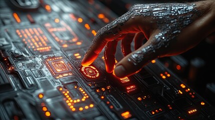 Poster - Futuristic Hand with Glowing Digital Network of Lights. Artificial intelligence, future technologies