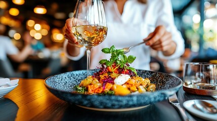 Poster -   A woman sits at a table with a plate of food and a glass of white wine in front of her