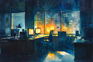 Poster - A painting of a room with a desk and a chair