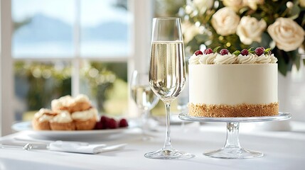 Poster -   A close-up of a cake on a table, with a glass of wine and a vase of flowers in the background