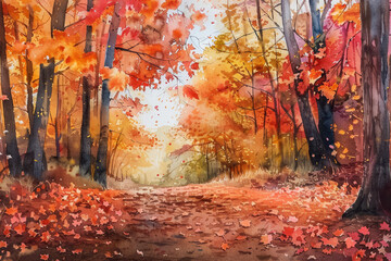 Wall Mural - A painting of a forest with autumn leaves on the ground