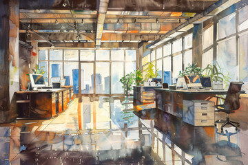 Poster - A painting of a large office space with a view of the city