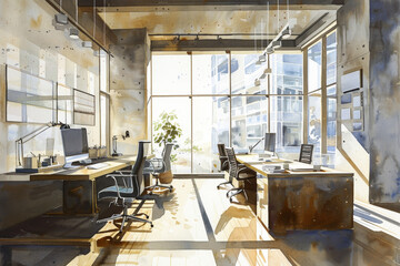 Poster - A painting of a modern office space with a large window and two desks