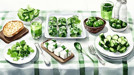 Green Feast Watercolor Still Life of a Table Setting with Green Food and Drinks