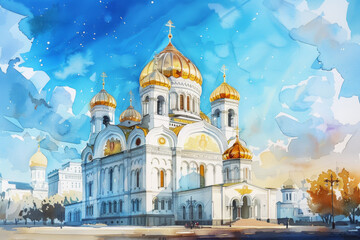 Wall Mural - A large white church with gold domes and a gold cross on top