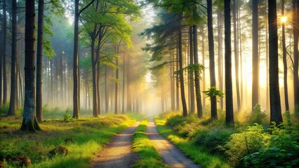 A serene and misty forest landscape at dawn with tall trees and a winding path leading into the distance, forest, landscape, dawn, trees, outdoors