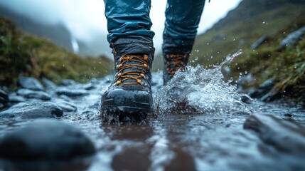 Aufkleber - A hiker navigates a rocky path, splashing through a shallow stream with their waterproof boots amid a misty mountain backdrop during an outdoor adventure in nature.