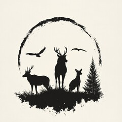 Poster - Silhouettes of deer and other wild animals stand near a tree, framed by birds soaring against a twilight circle background. Generative AI