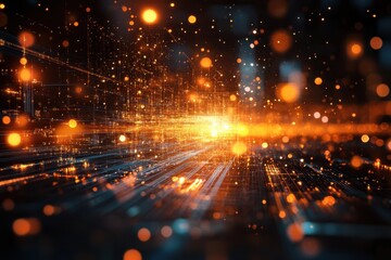 Fototapete - Glowing particles and bright lines create a dynamic visual in a digital landscape