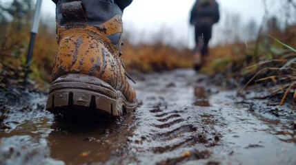 Poster - A hiker navigates a muddy path, leaving footprints in the wet earth. The scene captures the essence of outdoor adventure on a rainy day, surrounded by nature's beauty.