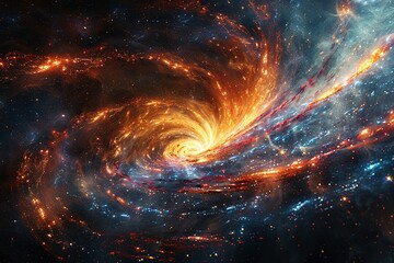 A spiral galaxy with a bright orange and blue swirl