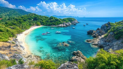 Wall Mural - A picturesque, tropical bay with white sand beach, turquoise water, lush green vegetation, and rocky cliffs under a clear blue sky.