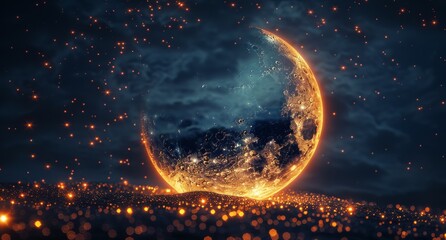 Wall Mural - Crescent Moon Illuminated With City Lights Against a Starry Night Sky