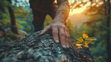 Poster - A hand reaches out to feel the rough bark of a tree trunk, surrounded by lush greenery as the sun sets, casting a warm glow over the landscape.