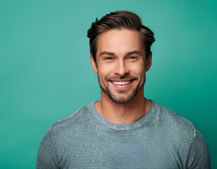 Happy Man Smiling Against Colorful Studio Background