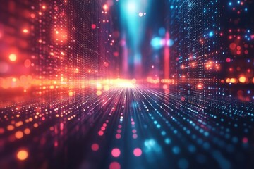 Fototapete - Vibrant abstract digital landscape illuminated in bright colors with glowing particles at night