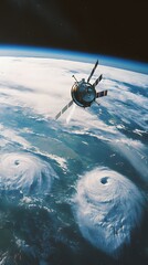 Realistic shot of a satellite floating above the Earth's surface, with the Earth in view and two hurricanes visible on its horizon.