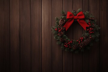 a holiday wreath with pine cones, red berries, and a large red bow hanging on a rustic wooden door, warm natural lighting, fine detail in the wreath textures and wood grain, simple and elegant