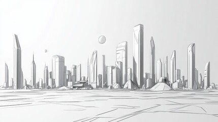 Poster - The artwork showcases a sleek, futuristic city skyline composed of geometric structures and clean lines, evoking a sense of innovation. Generative AI