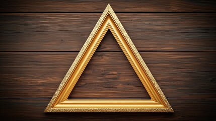 Poster - Gold framed triangle sits on a wooden surface. The triangle is the only object in the image, and it is the main focus. The gold frame adds a sense of luxury and elegance to the scene