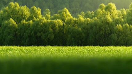 Wall Mural - lush green field with trees in the background. the trees are tall and green, and the grass is short 