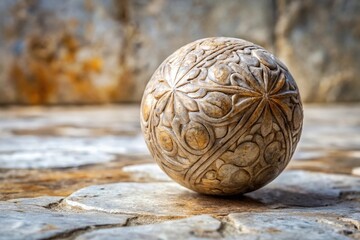 Ancient stone ball sits on worn marble background with intricate etchings, historic object, relic display