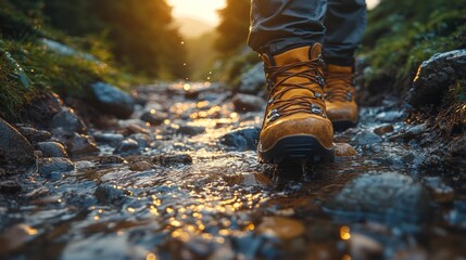 Aufkleber - A hiker wades through a crystal-clear stream, sunlight glistening off the water. The trees create a beautiful backdrop, enhancing the serene atmosphere.