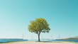 © Vasili - A single tree in an open field with wind turbines in the background, symbolizing renewable energy and sustainability. Large open copy space included.