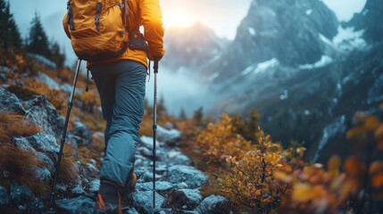 Poster - A person wearing a bright jacket hikes along a rocky path in mountainous terrain, enjoying the crisp air and colorful autumn leaves as the sun rises over the peaks.