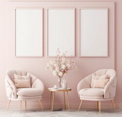 A minimalist living room with pink walls, two pink armchairs, a coffee table, and three blank frames