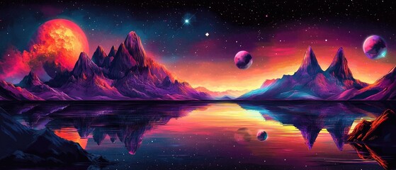 Poster - A vibrant fantasy landscape with colorful mountains, a still lake reflecting the starry sky, and a large, glowing red moon in the distance.