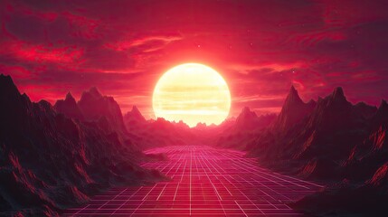 Poster - A vibrant red and pink sunset over a retro grid landscape with mountainous silhouettes in the background.