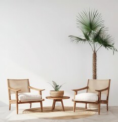 Two rattan chairs and a rattan table with a potted plant in a white room